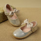 Girls Metallic Bow Decor Hook-and-loop Fastener Flats, Preppy Mary Jane Flats For Outdoor