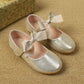 Girls Metallic Bow Decor Hook-and-loop Fastener Flats, Preppy Mary Jane Flats For Outdoor