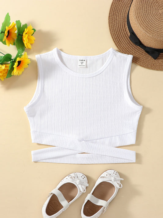 Tween Girl White Solid Color Casual Basic Round Neck Tank Top For Summer