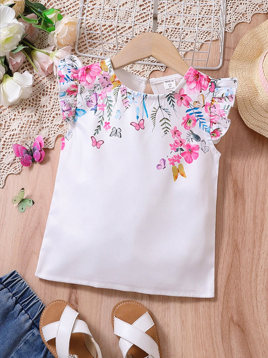 Young Girl White Butterfly Shaped Shirt With Floral Print, Round Neckline And Ruffled Sleeves For Summer