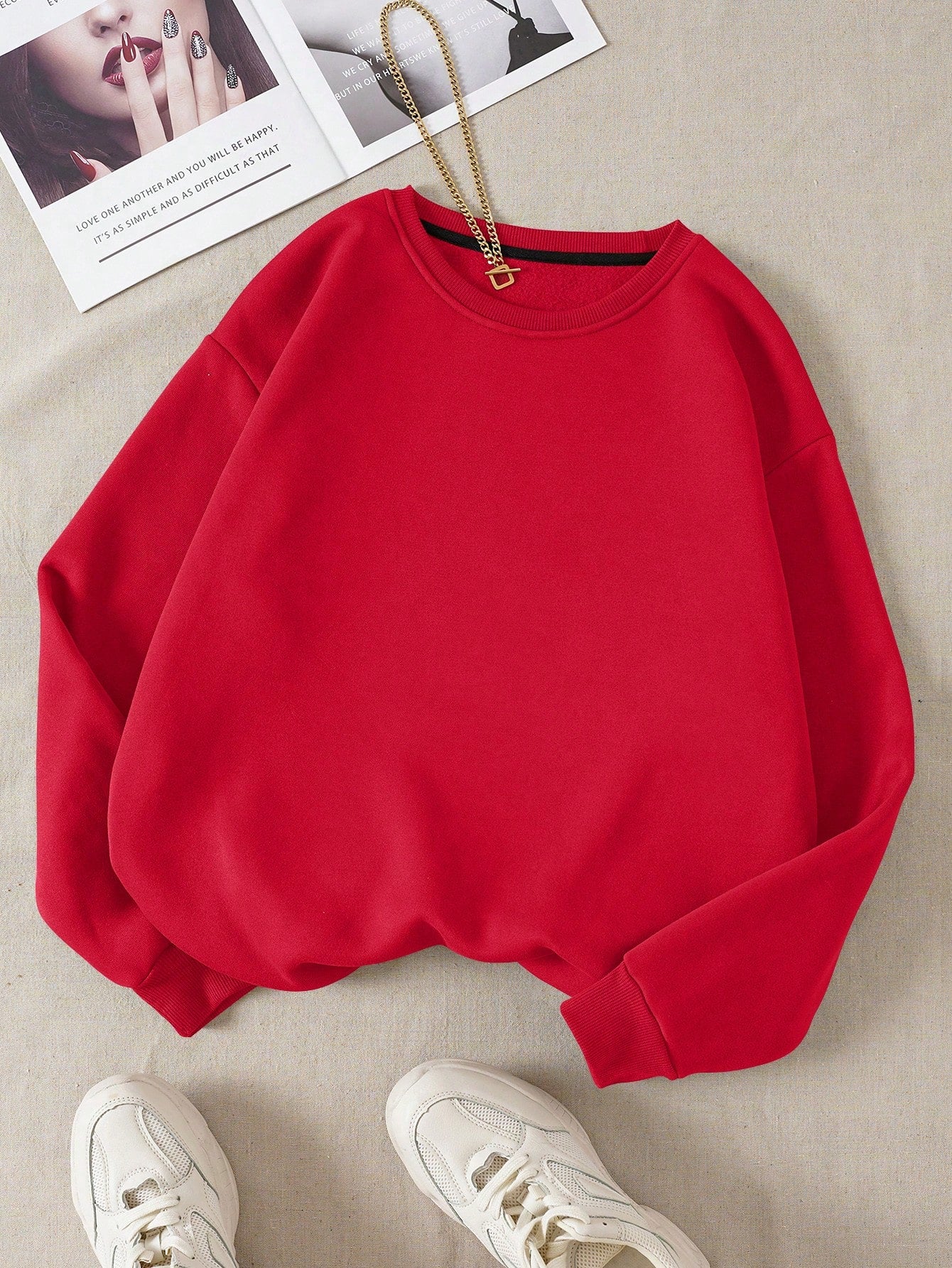 INAWLY Solid Round Neck Thermal Lined Sweatshirt,Long Sleeve Tops