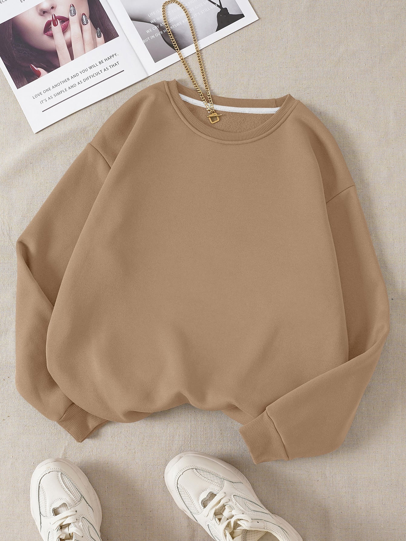 INAWLY Solid Round Neck Thermal Lined Sweatshirt,Long Sleeve Tops