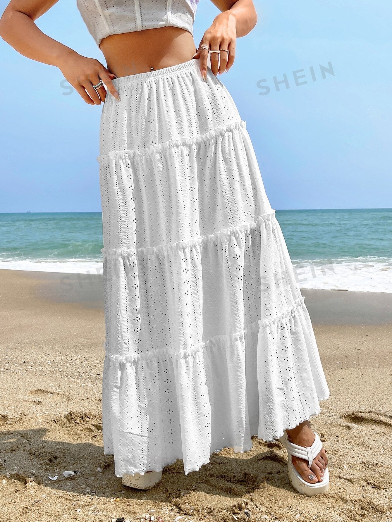 WYWH Eyelet Embroidery Ruffle Hem Skirt