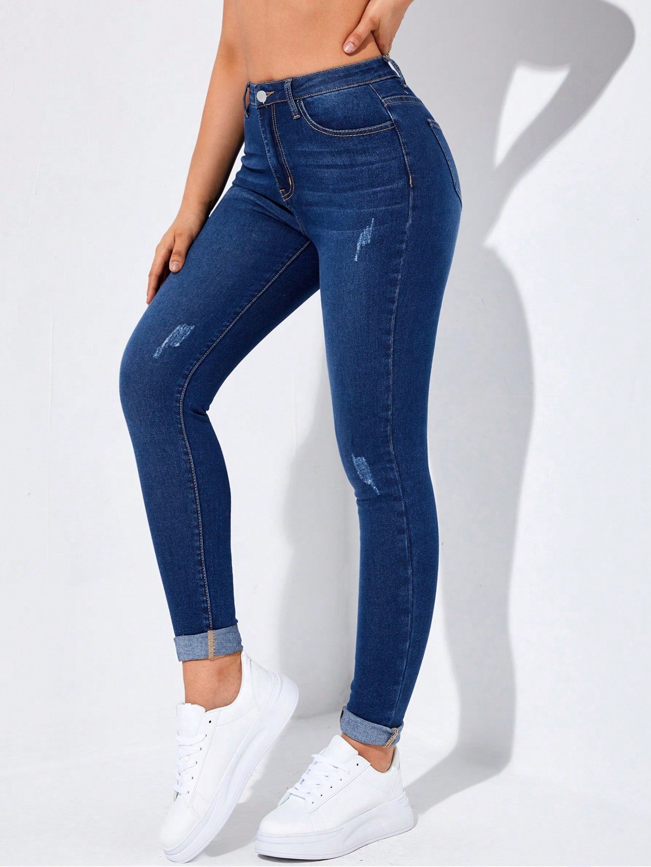 EZwear High-Waisted Button-Embellished Skinny Stretch Distressed Y2K Jeans