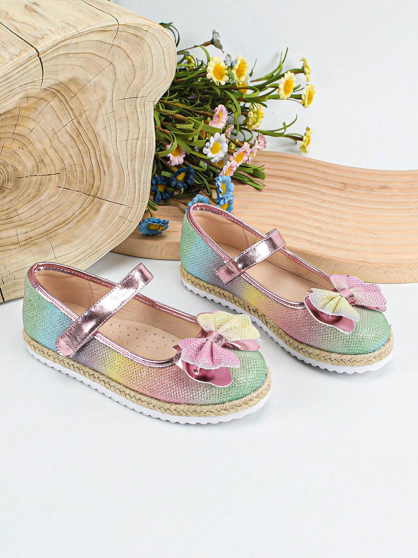 Girls Ombre Bow Decor Espadrille Mary Jane Flats For Outdoor