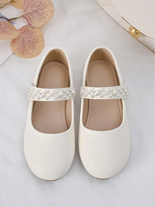 Girls Faux Pearl Decor Mary Jane Flats For Wedding Party