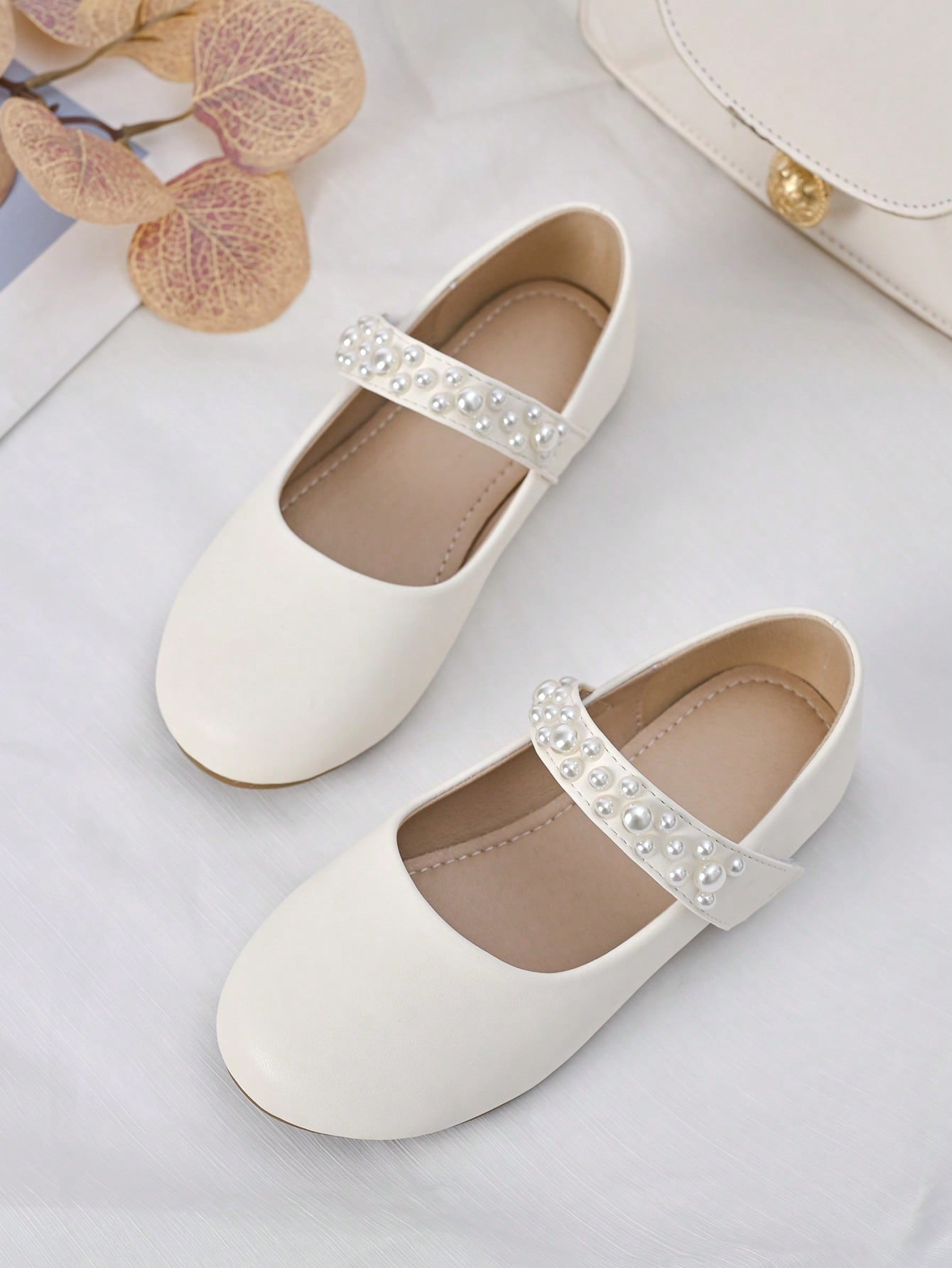 Girls Faux Pearl Decor Mary Jane Flats For Wedding Party