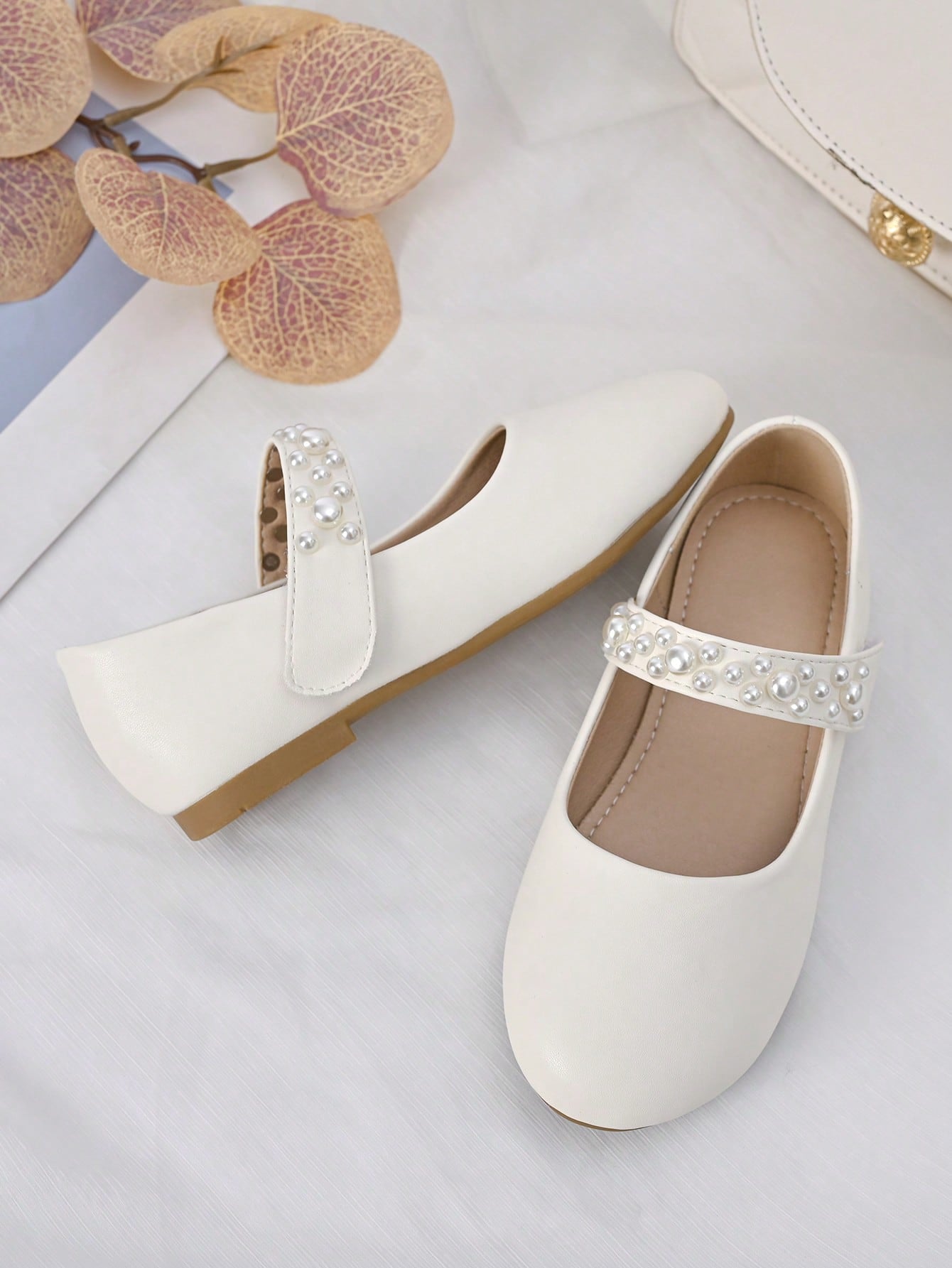 Girls Faux Pearl Decor Mary Jane Flats For Wedding Party