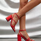 Women Multi Strap Chunky Heeled Sandals, Funky Red Ankle Strap Sandals