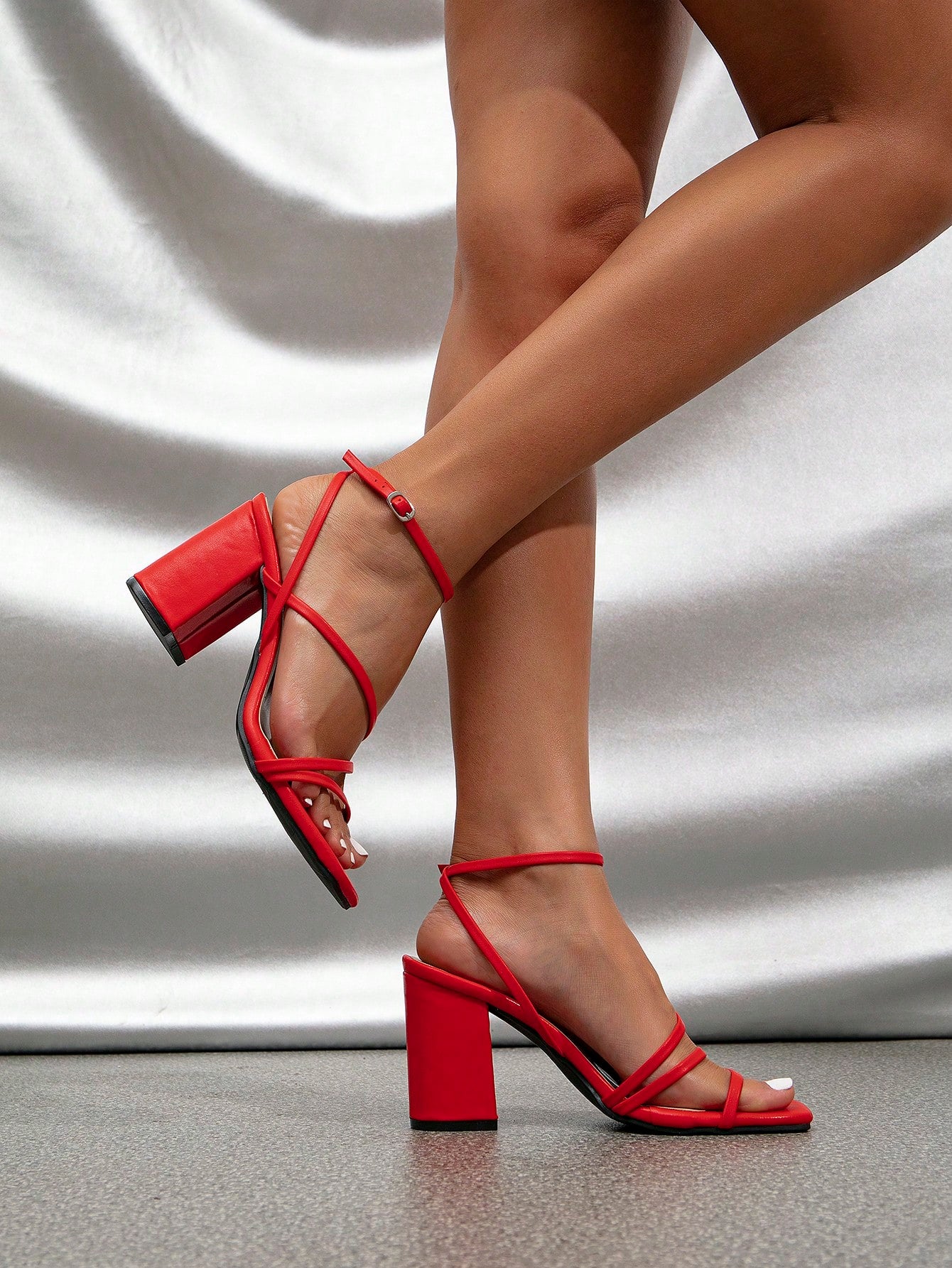 Women Multi Strap Chunky Heeled Sandals, Funky Red Ankle Strap Sandals