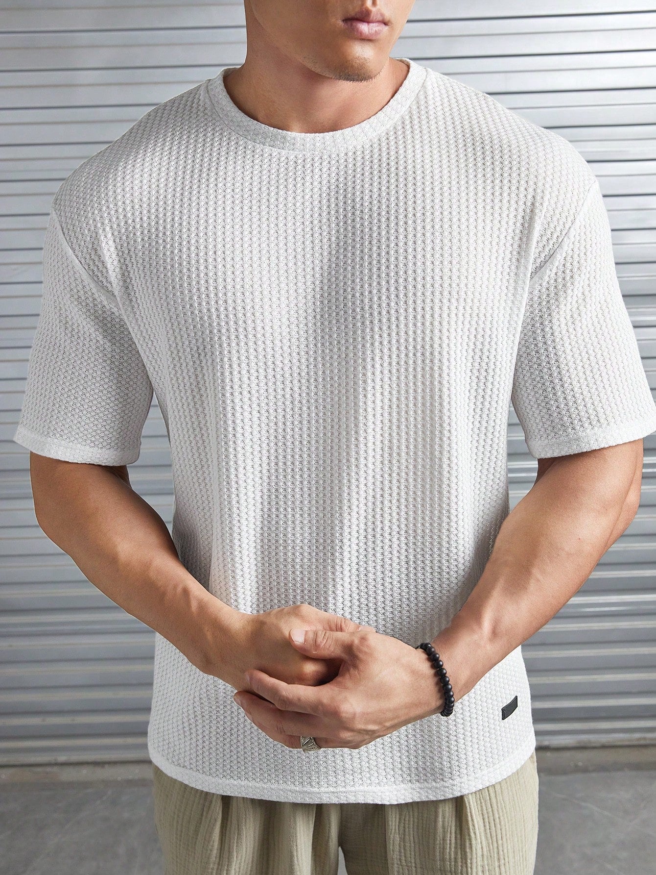 Manfinity Homme Loose Fit Men's Waffle Knit Tee With Patched Detail