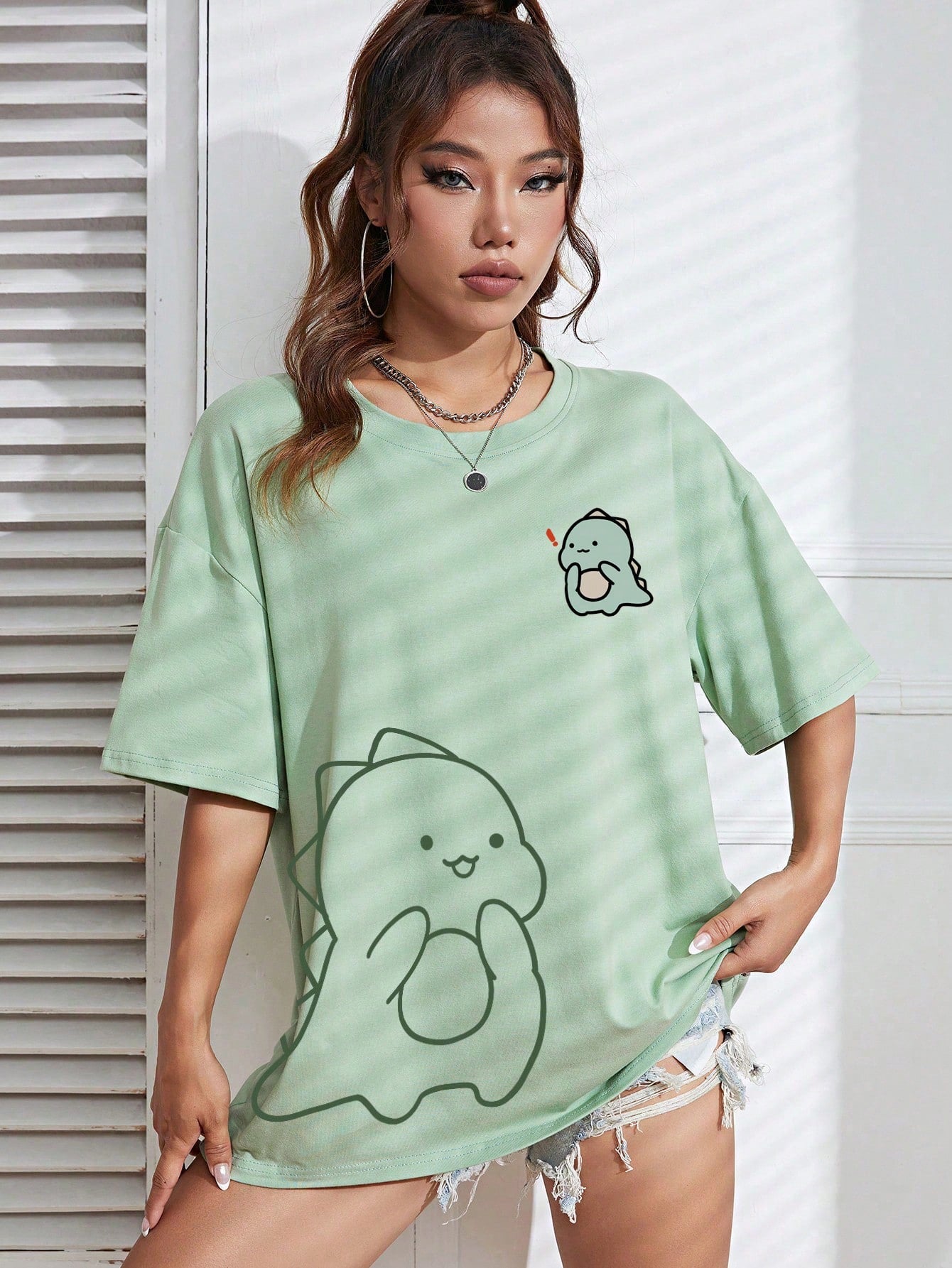 EZwear Cartoon Graphic Drop Shoulder Tee Graphic Tees Women Tops