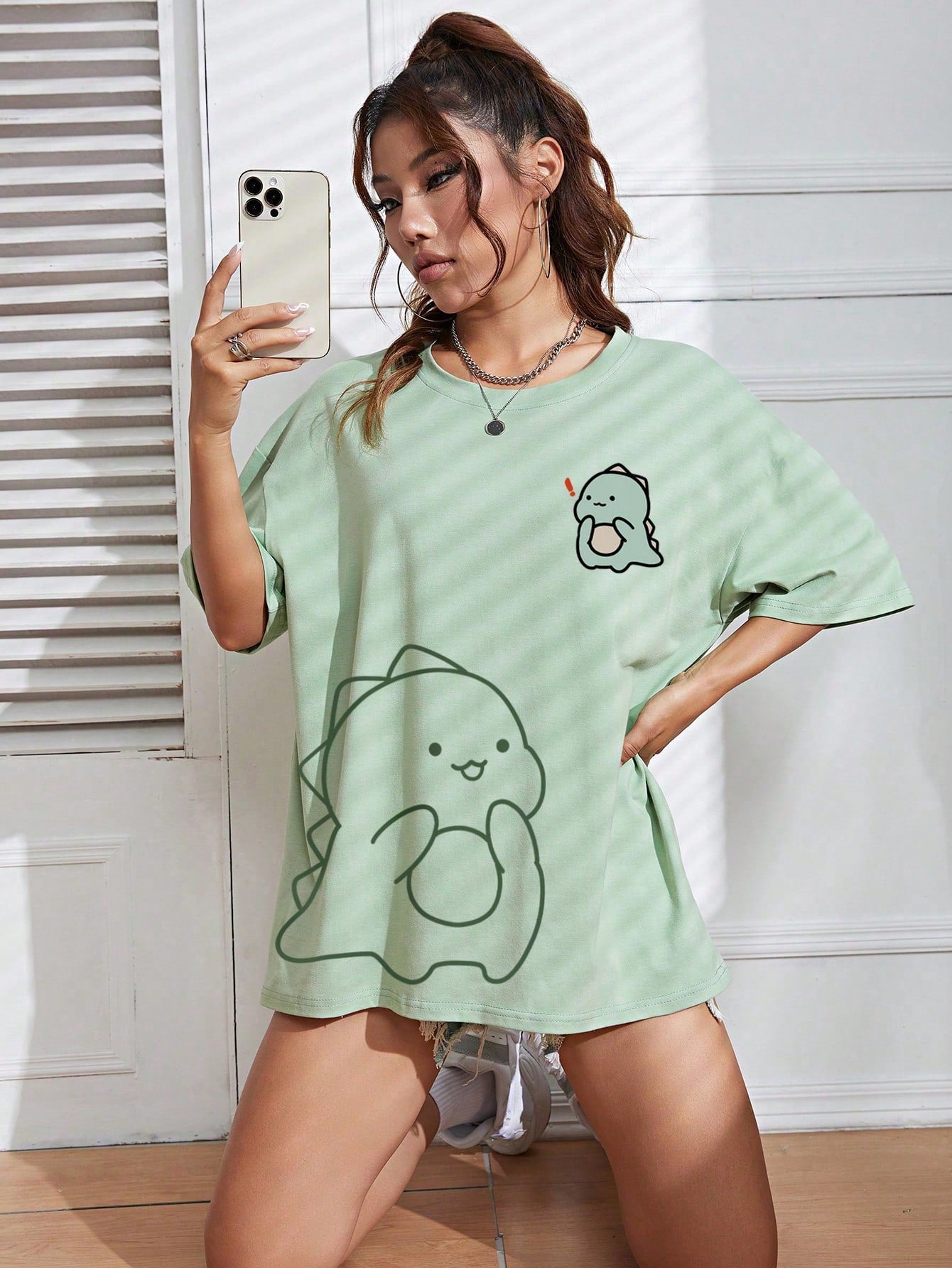 EZwear Cartoon Graphic Drop Shoulder Tee Graphic Tees Women Tops