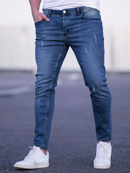 Manfinity Homme Men Cotton Ripped Slant Pocket Jeans