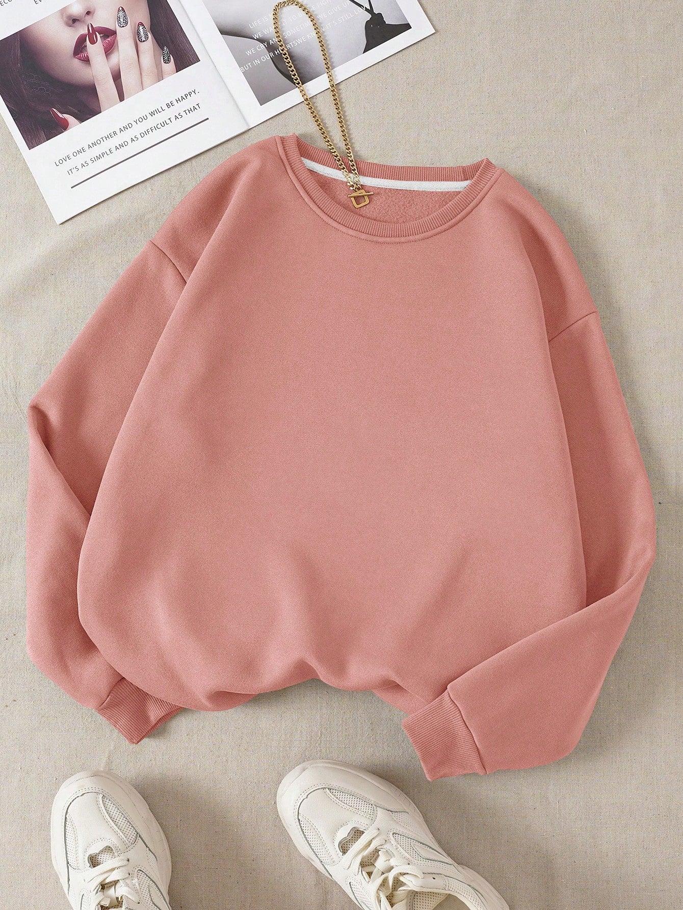 INAWLY Solid Round Neck Thermal Lined Sweatshirt,Long Sleeve Tops