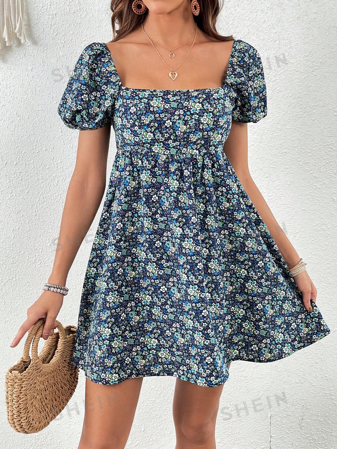 WYWH Ditsy Floral Print Square Neck Puff Sleeve Dress