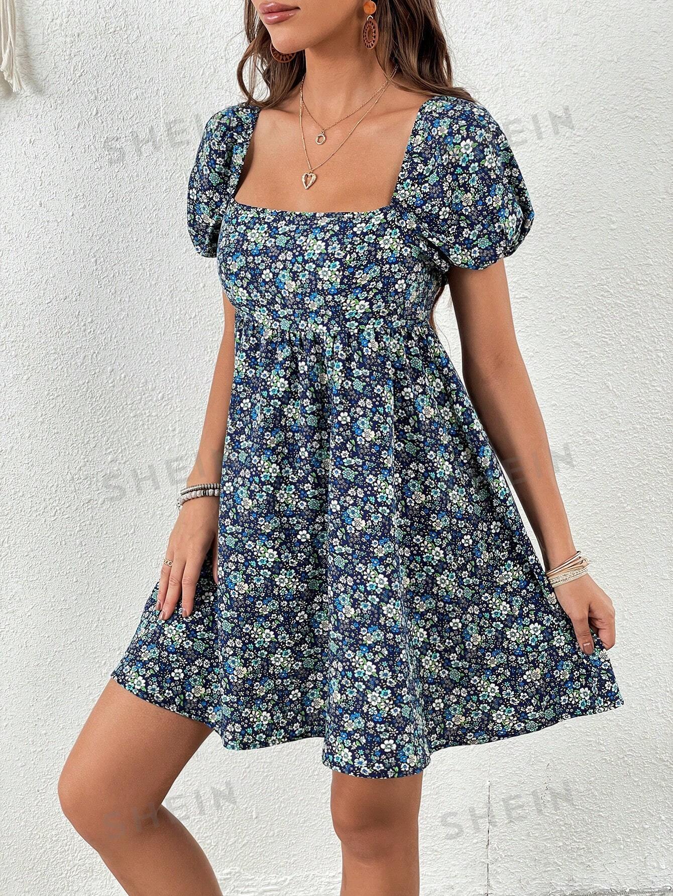 WYWH Ditsy Floral Print Square Neck Puff Sleeve Dress