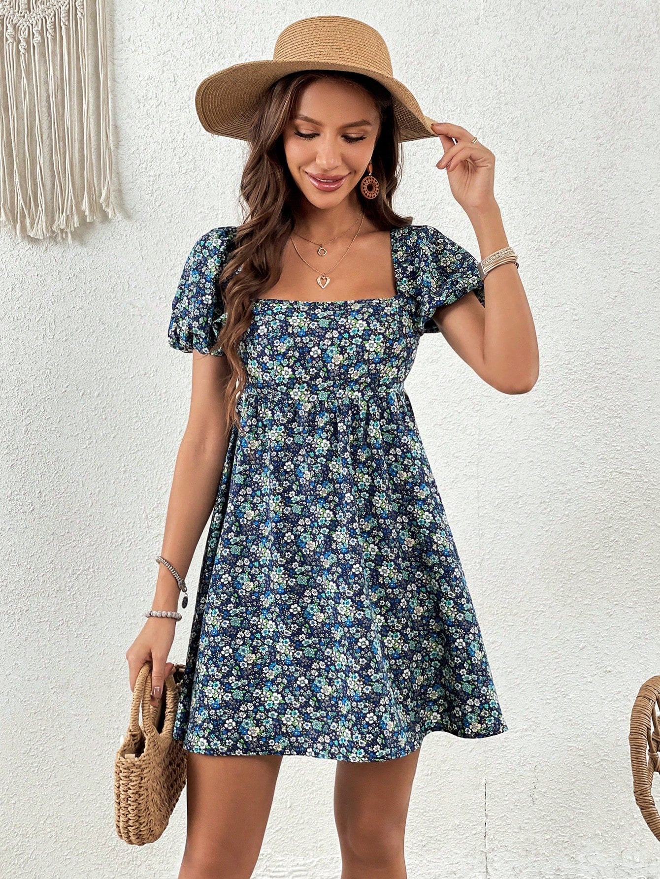 WYWH Ditsy Floral Print Square Neck Puff Sleeve Dress