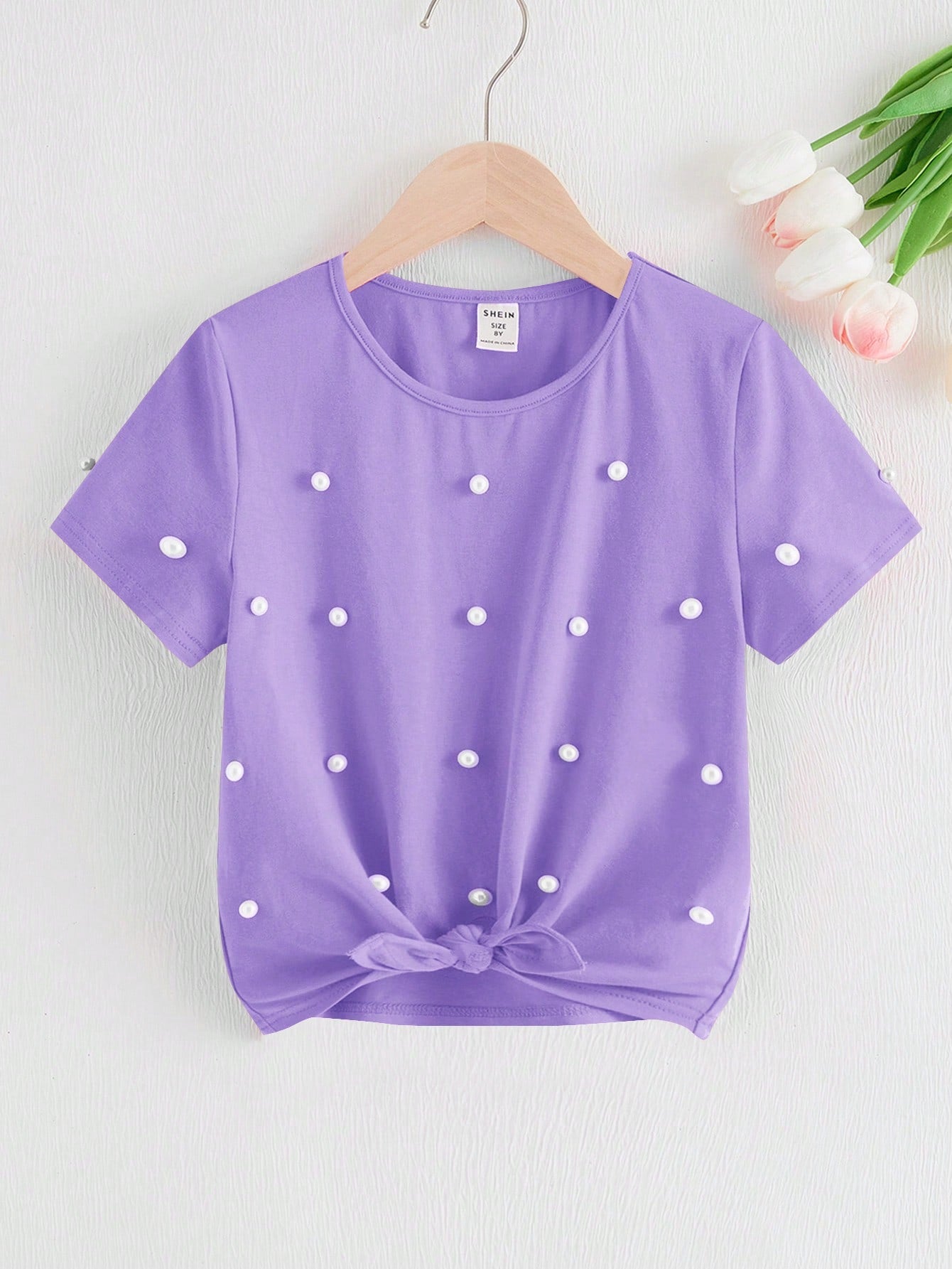 Tween Girl Round Neck Short Sleeve T-Shirt With Pearl Detailing And Knotted Hem