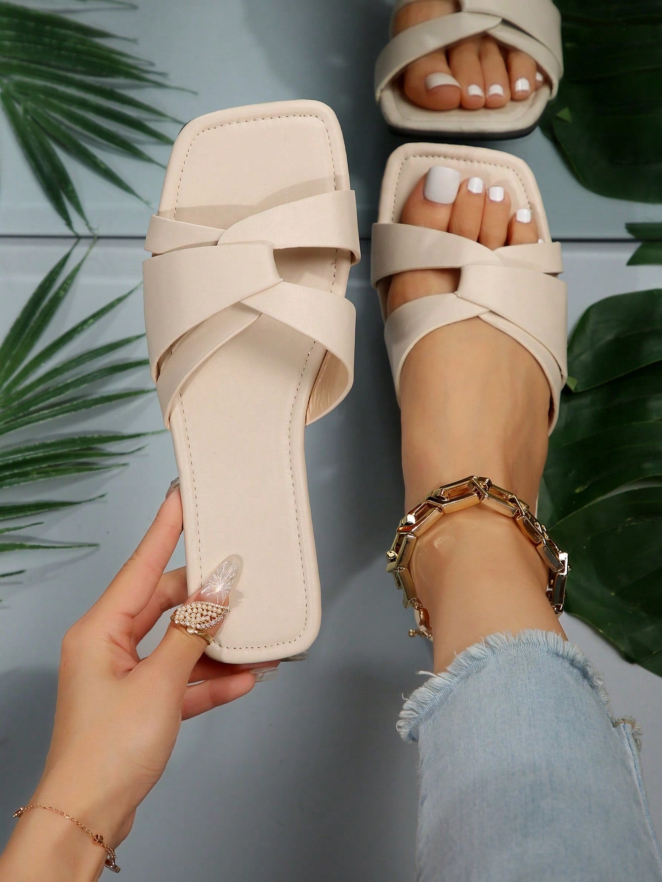 2024 Summer New Vintage Korean Style Versatile Flat Sandals For Women, Fairy Style Popular Outside Wearing Slippers