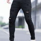 Manfinity LEGND Men Cotton Ripped Frayed Skinny Jeans Slim Fit Long Jean Cargo Plain All White Office Casual Husband