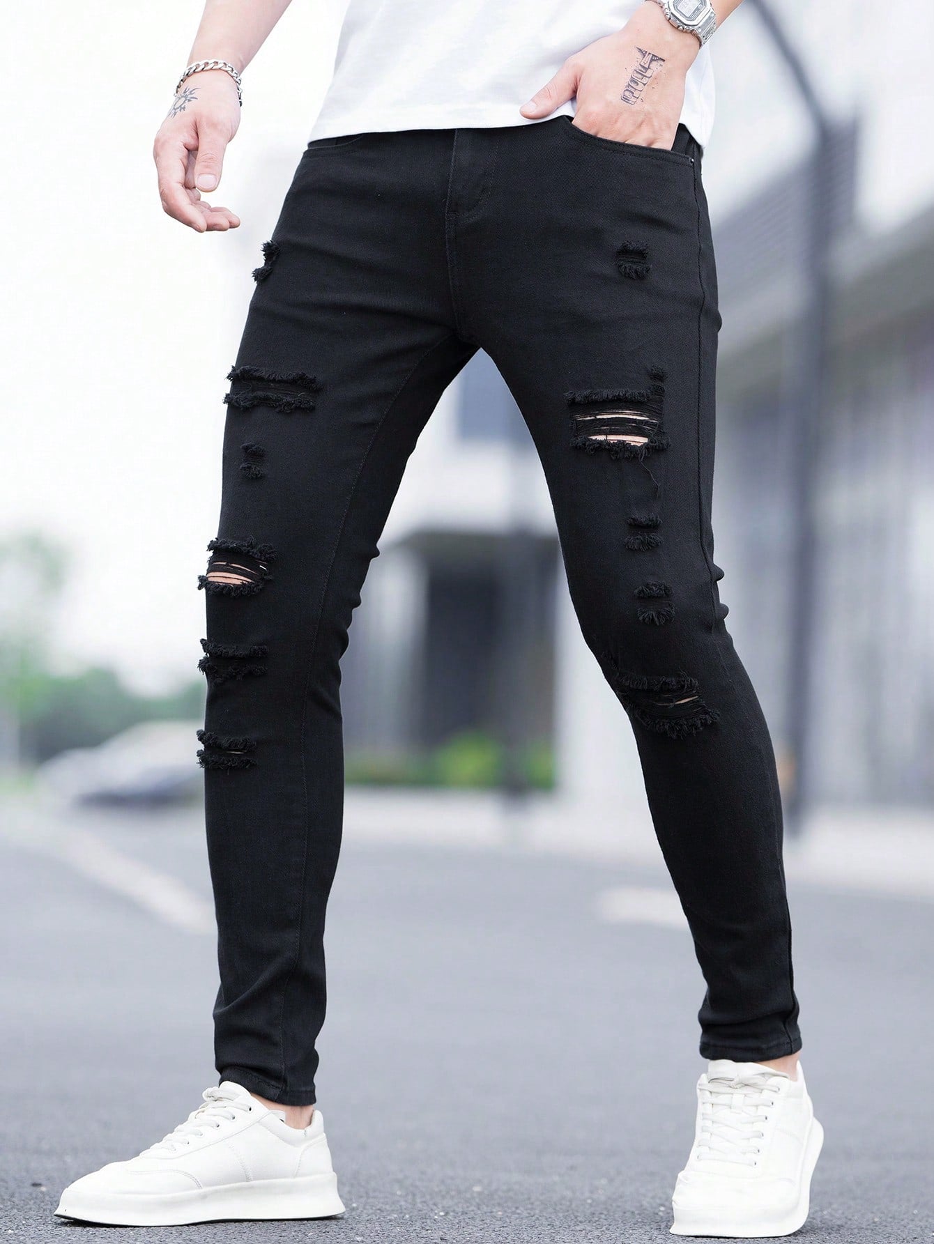 Manfinity LEGND Men Cotton Ripped Frayed Skinny Jeans Slim Fit Long Jean Cargo Plain All White Office Casual Husband