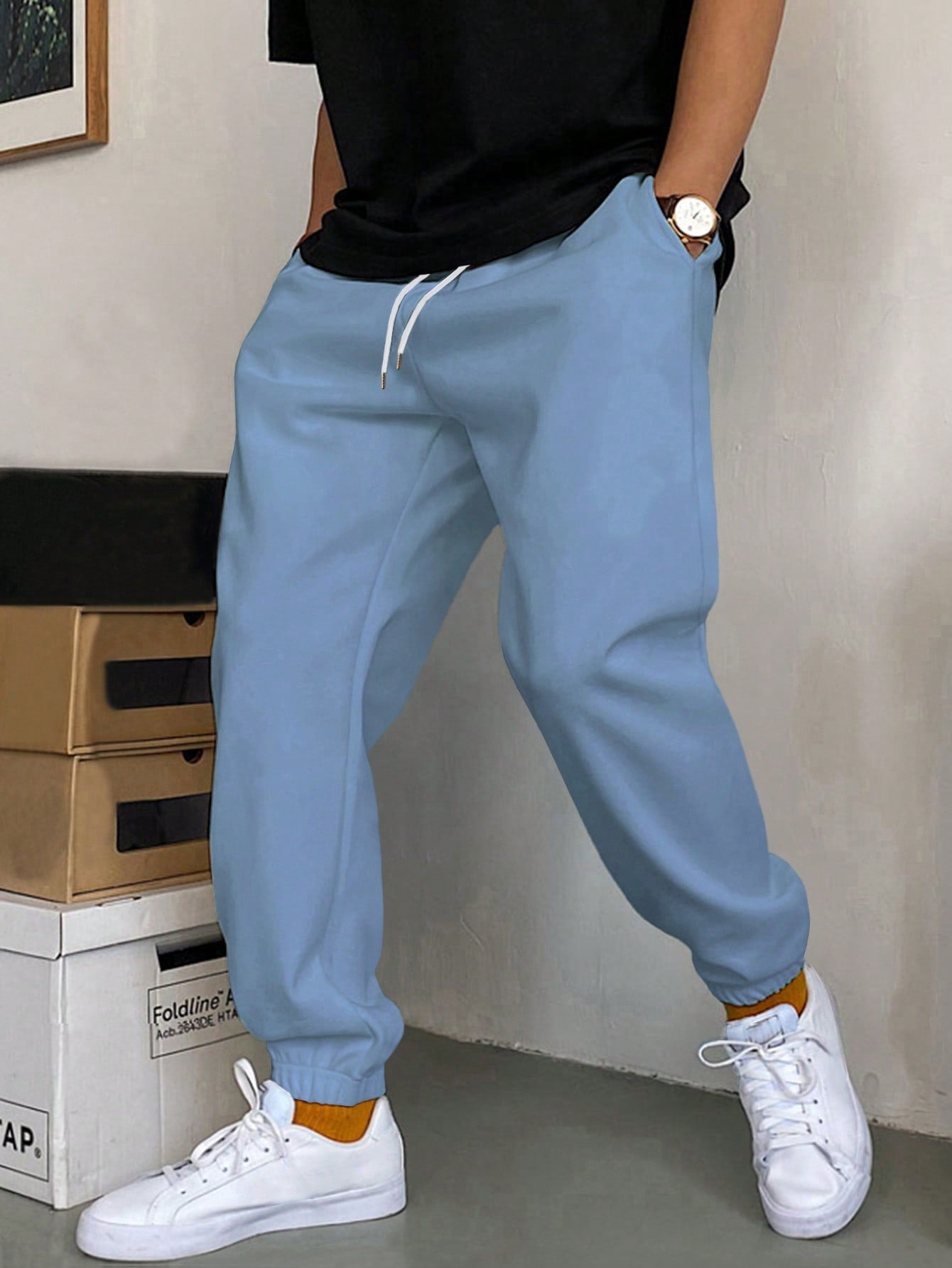 Manfinity Homme Men Slant Pocket Drawstring Waist Sweatpants Long Jogging Pants Plain Light Grey Going Out Casual