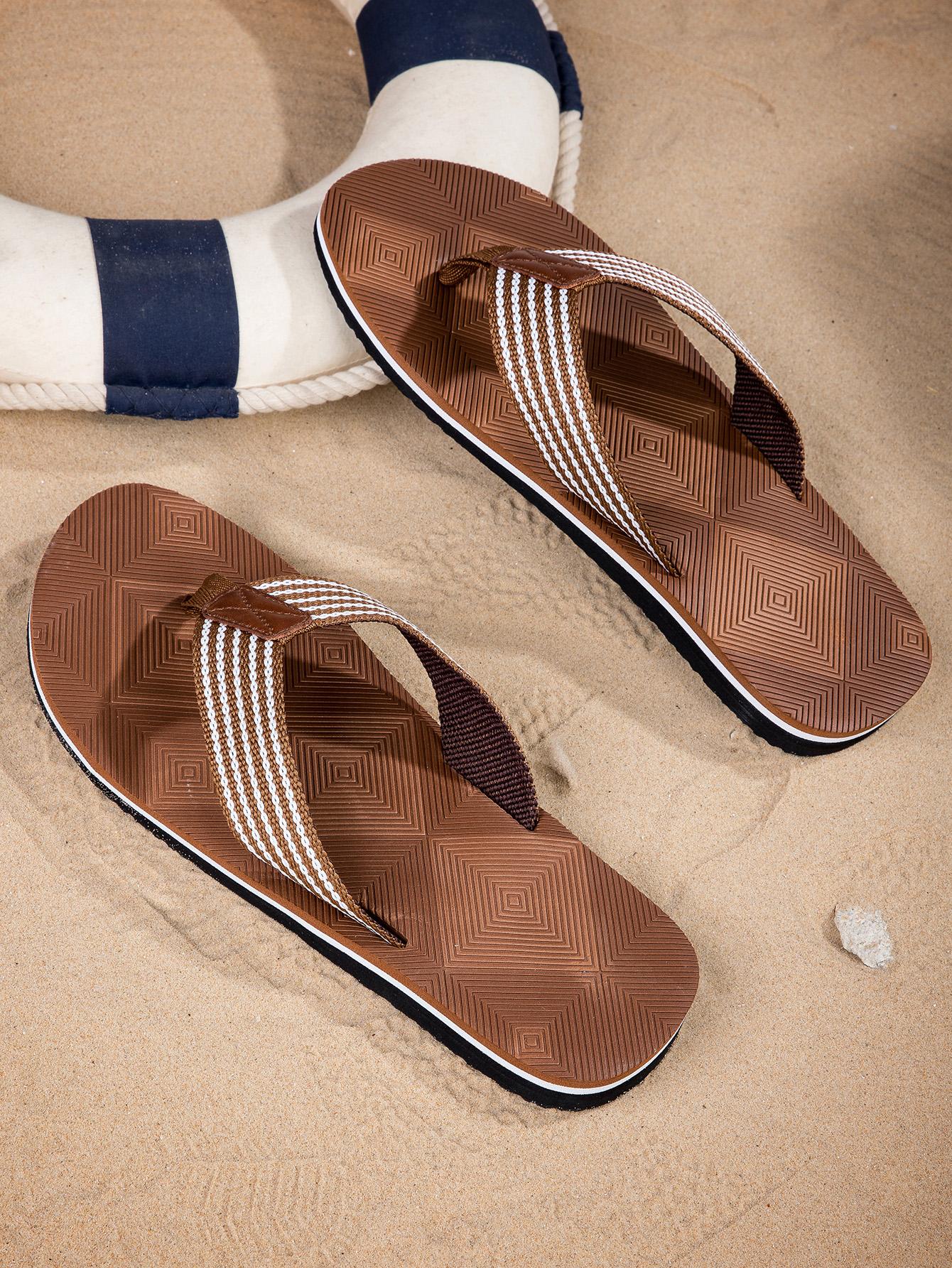 Men Striped Pattern Flip Flops, Casual Summer Fabric Slippers