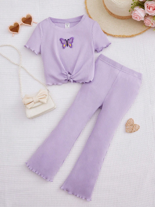 Young Girl Butterfly Print Knot Hem Tee