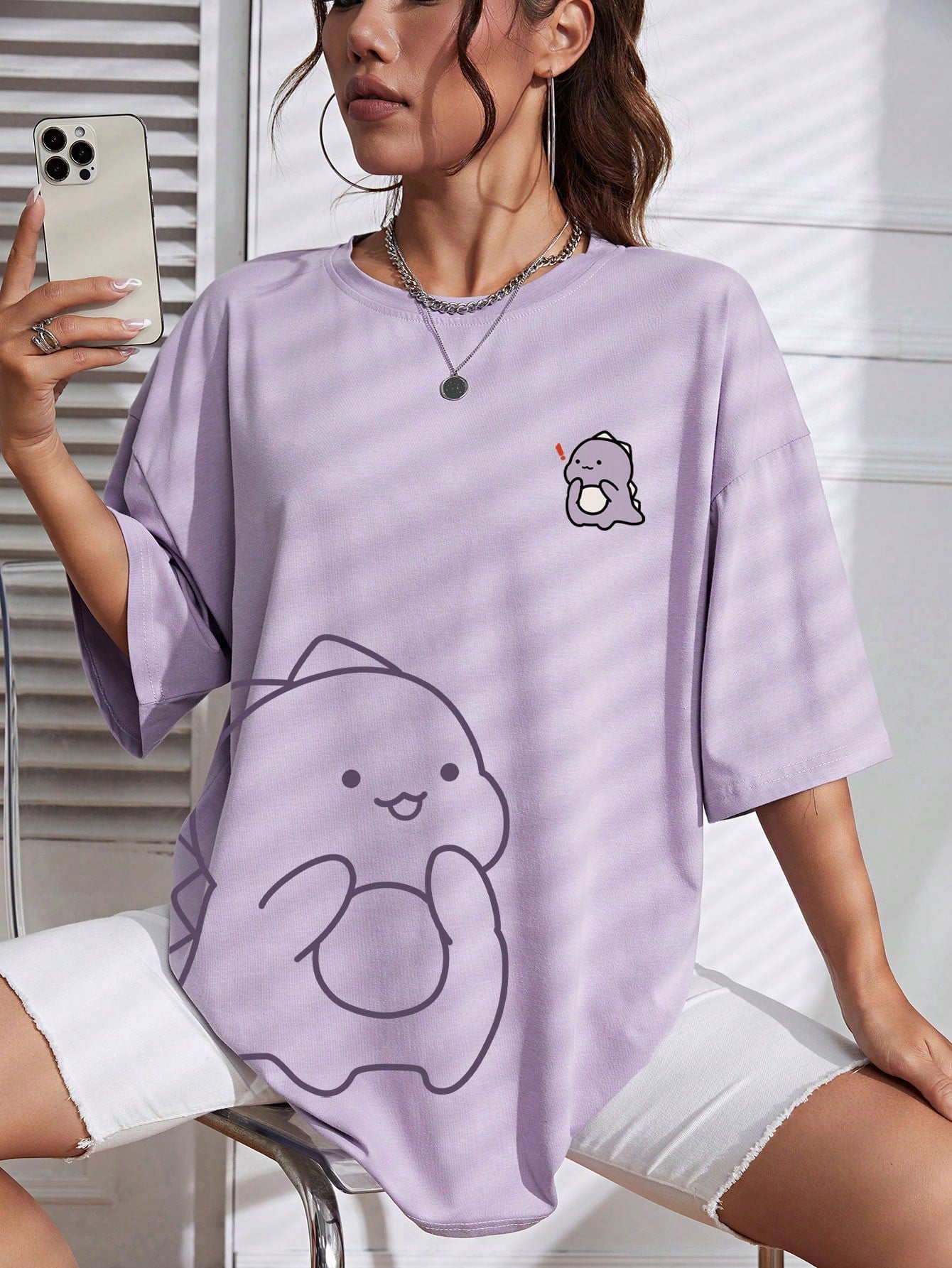 EZwear Cartoon Graphic Drop Shoulder Tee Graphic Tees Women Tops