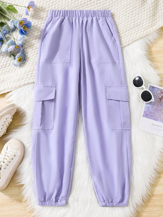 Tween Girl Casual Street Style Simple Fit Purple Cargo Jogger Pants With Pockets