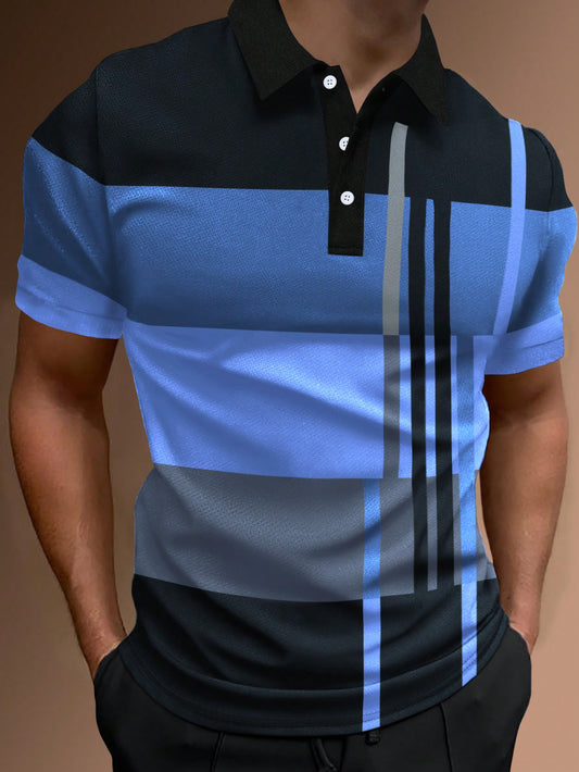 Manfinity Homme Men Work Casual Striped Print Colorblock Button Polo Shirt, Boyfriend Gift