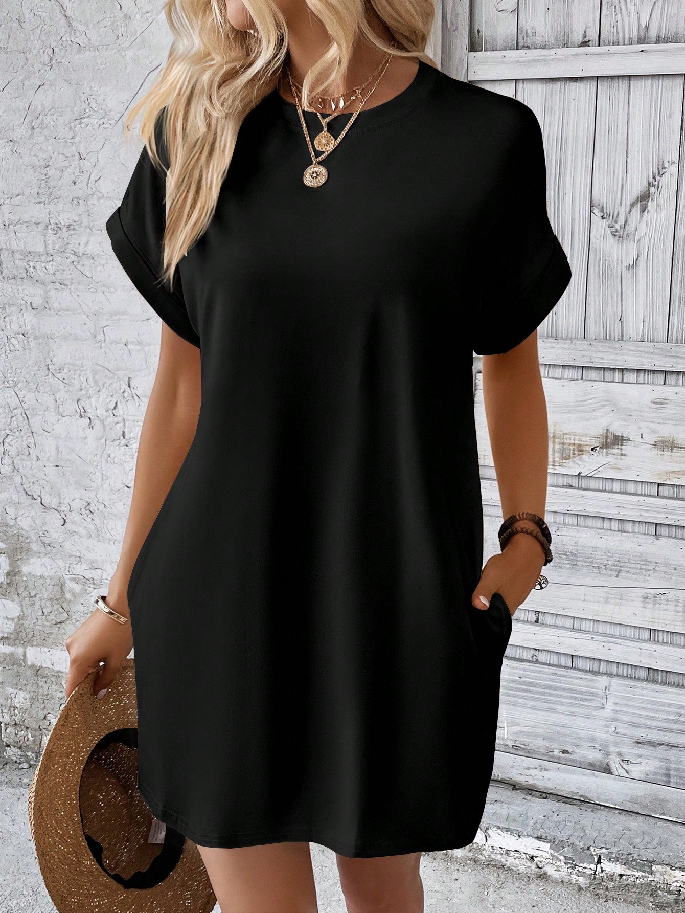 LUNE Solid Hidden Pocket Batwing Sleeve Tee Dress