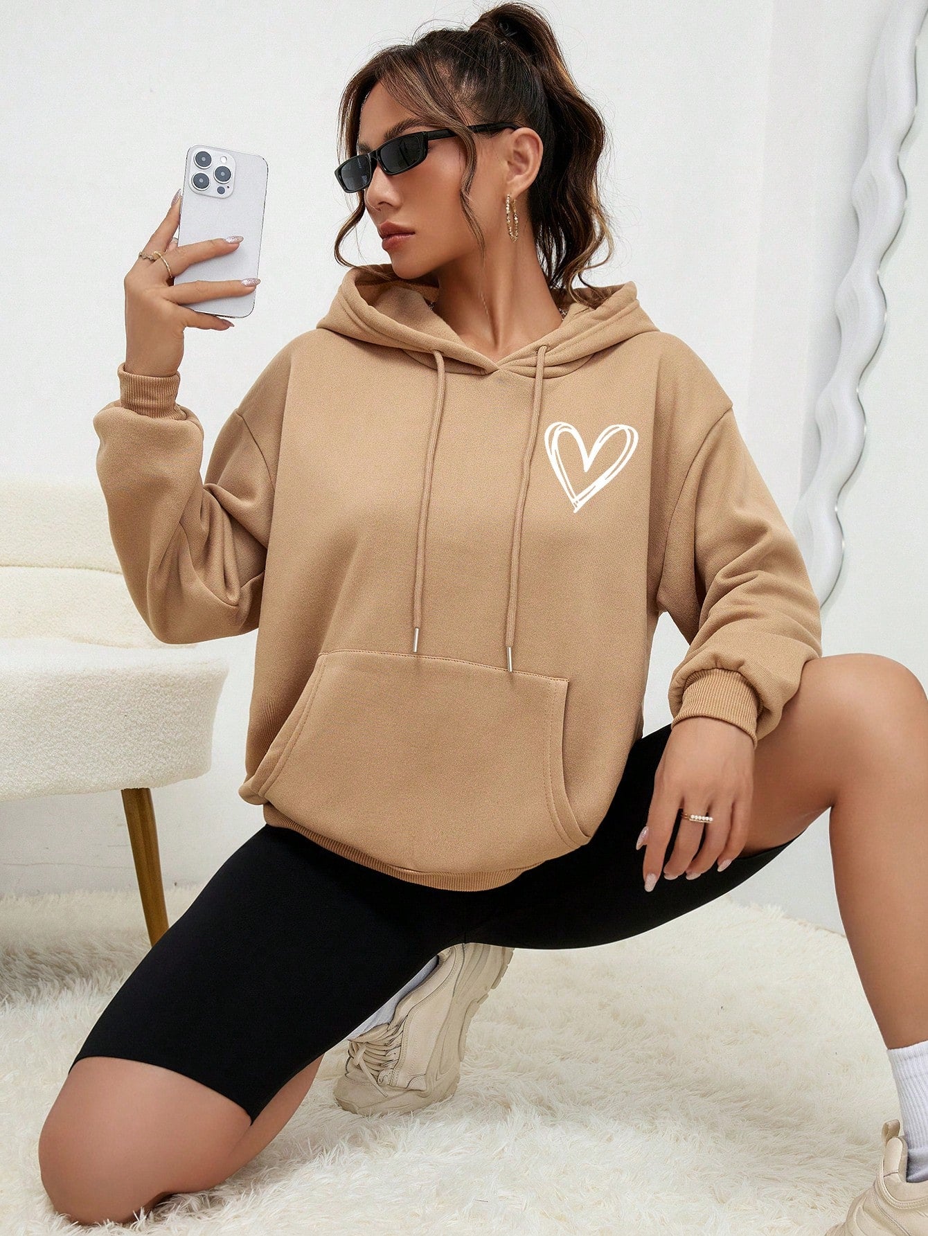 EZwear Heart Print Kangaroo Pocket Drop Shoulder Drawstring Hoodie