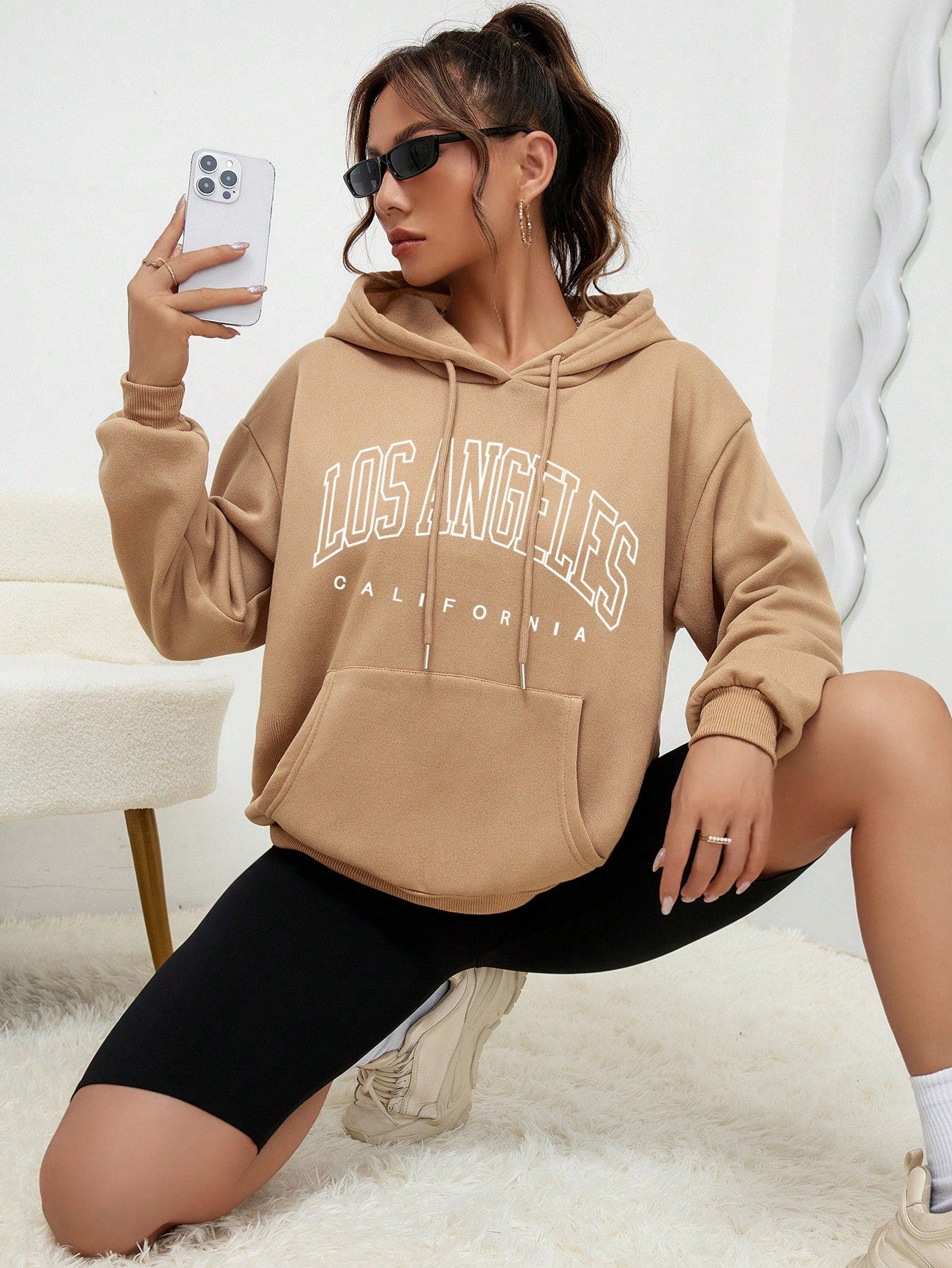 INAWLY Letter Graphic Kangaroo Pocket Drop Shoulder Drawstring Hoodie