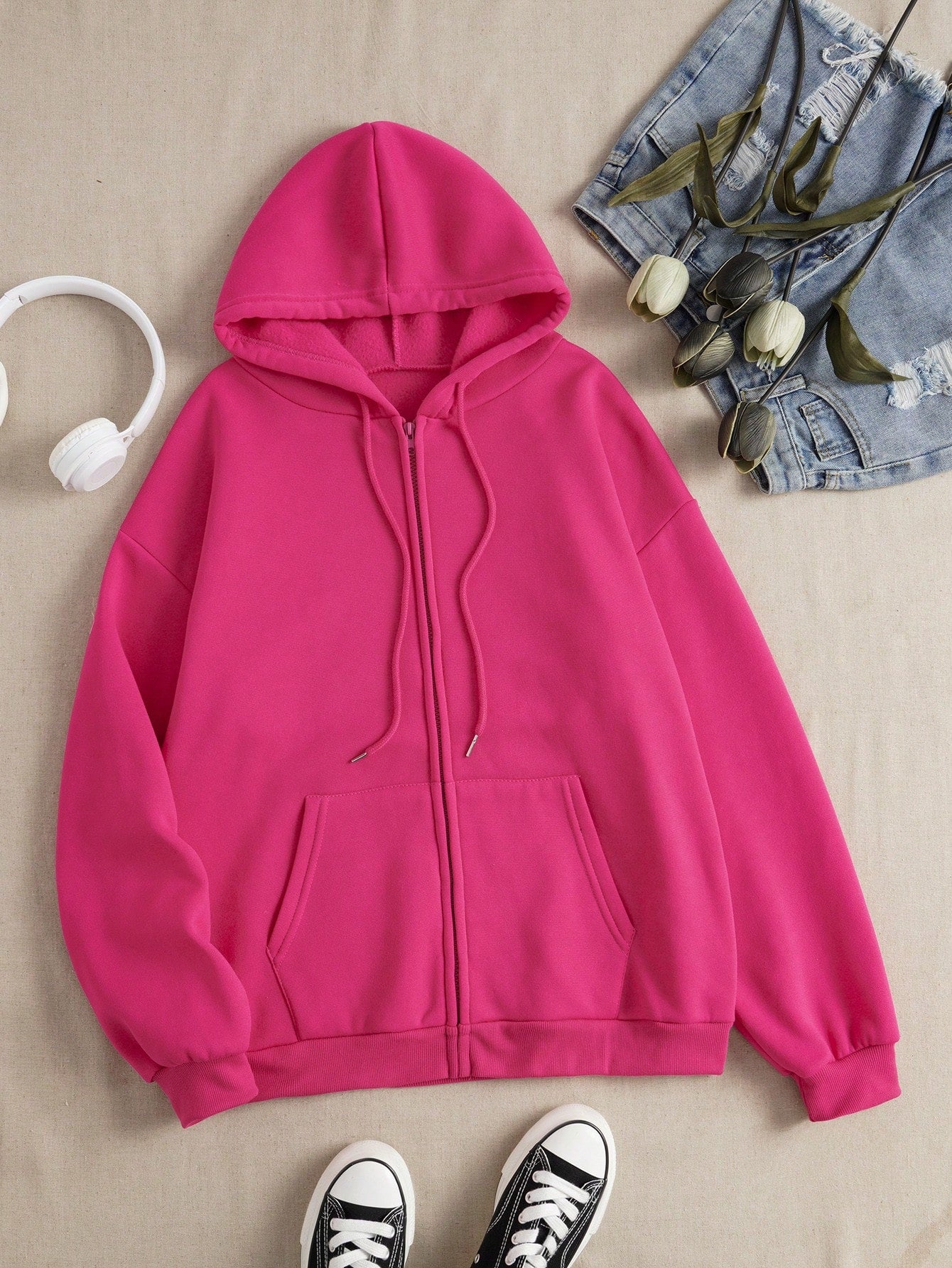 INAWLY Solid Drawstring Pocket Zip Up Thermal Lined Hoodie,Long Sleeve Tops