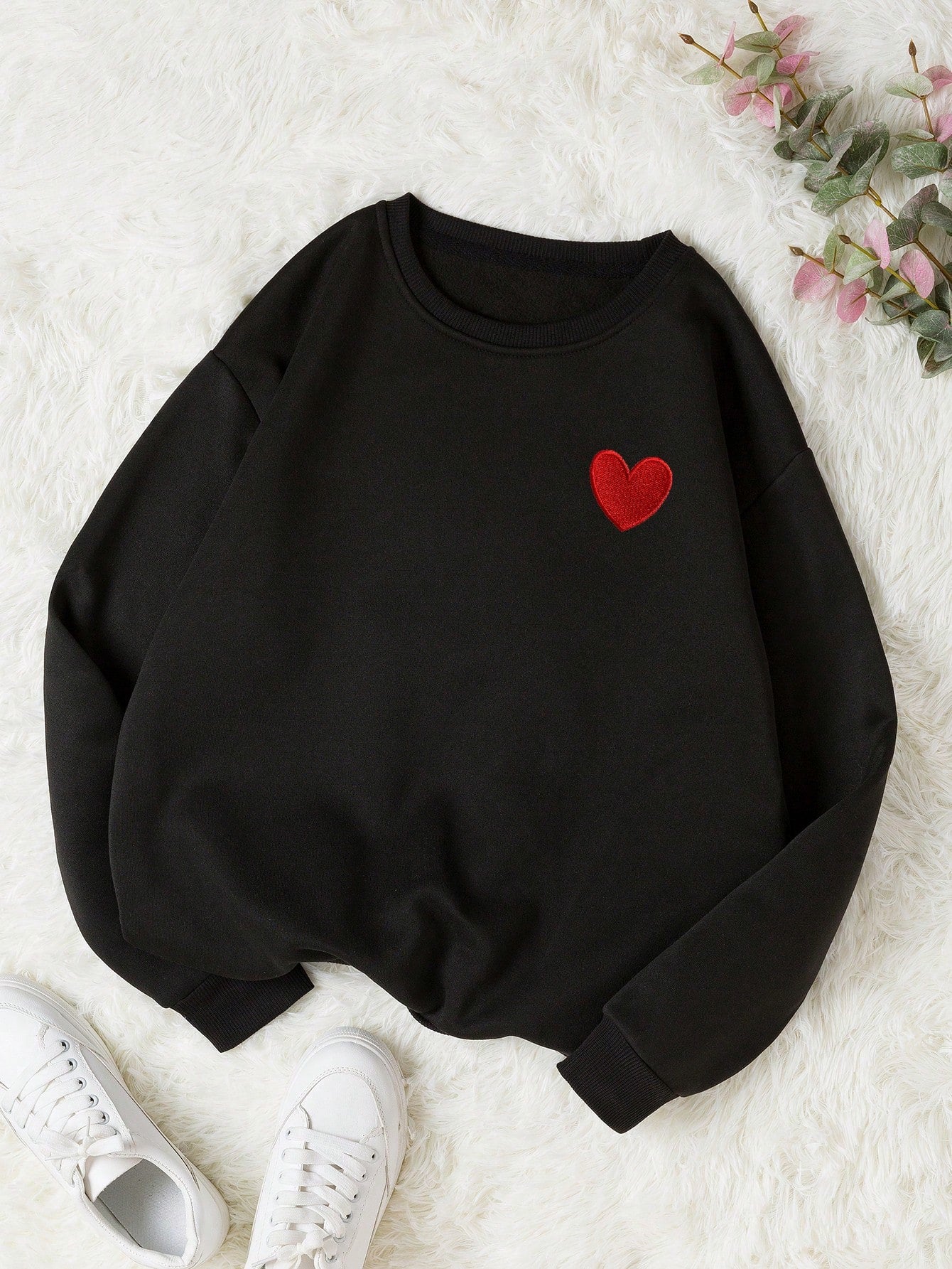 EZwear Heart Print Thermal Lined Sweatshirt,Long Sleeve Tops