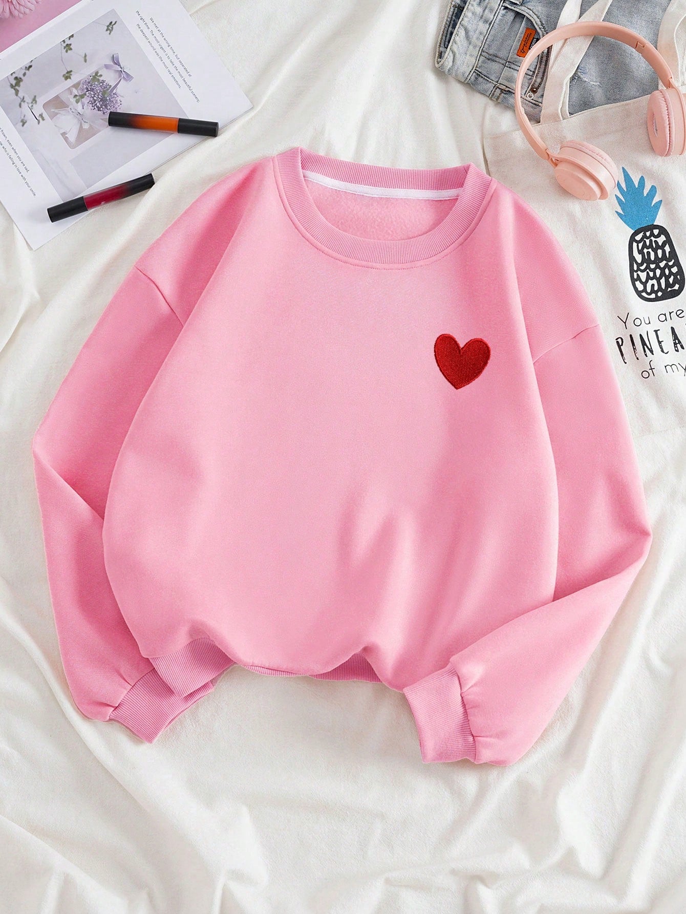 EZwear Heart Print Thermal Lined Sweatshirt,Long Sleeve Tops