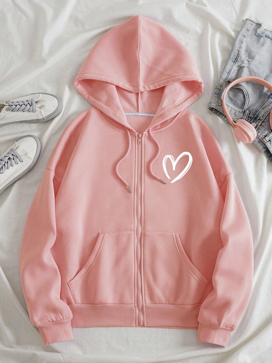 Essnce Heart Print Zip Up Drawstring Thermal Lined Hoodie,Long Sleeve Tops