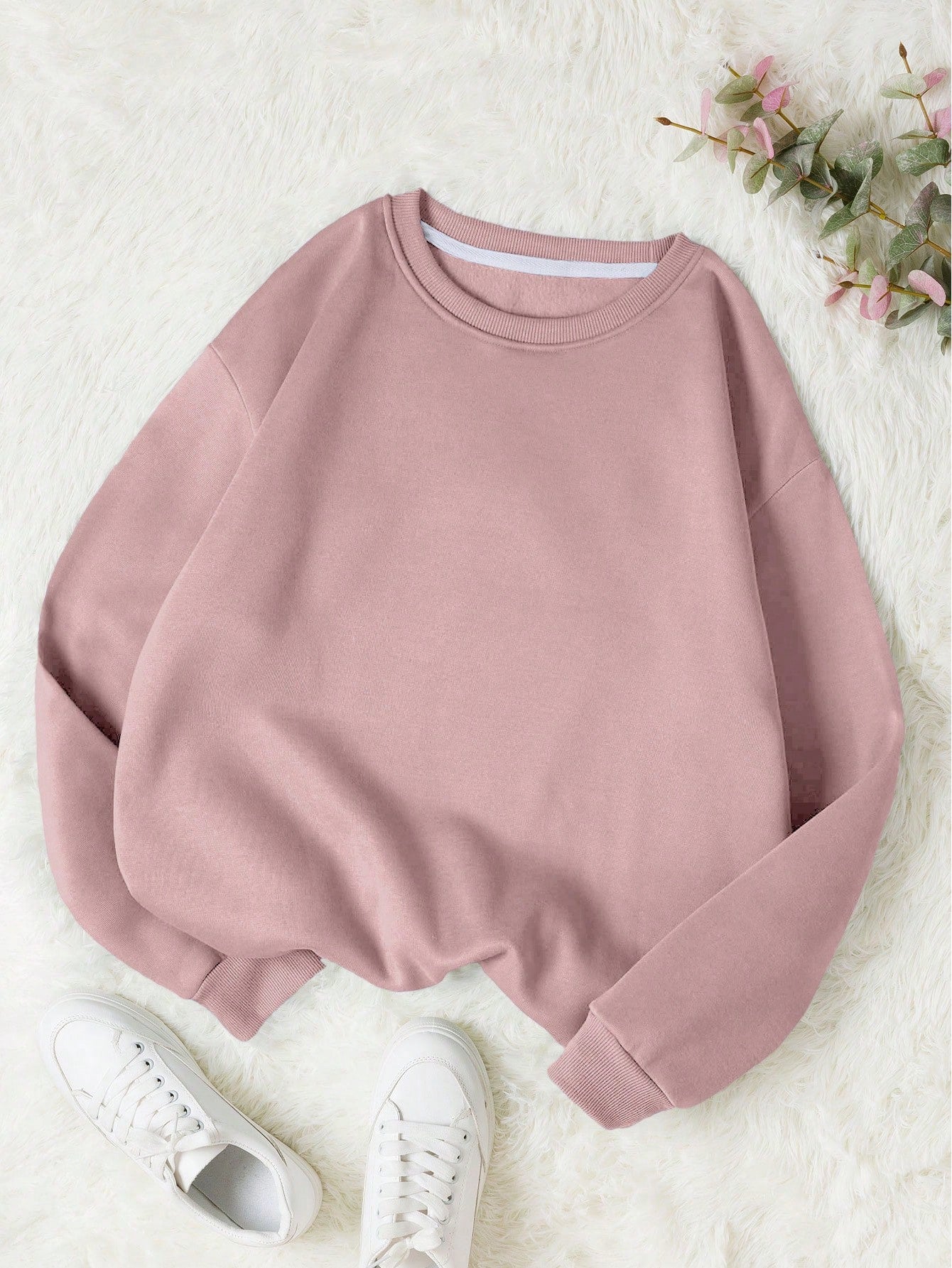 INAWLY Solid Round Neck Thermal Lined Sweatshirt,Long Sleeve Tops