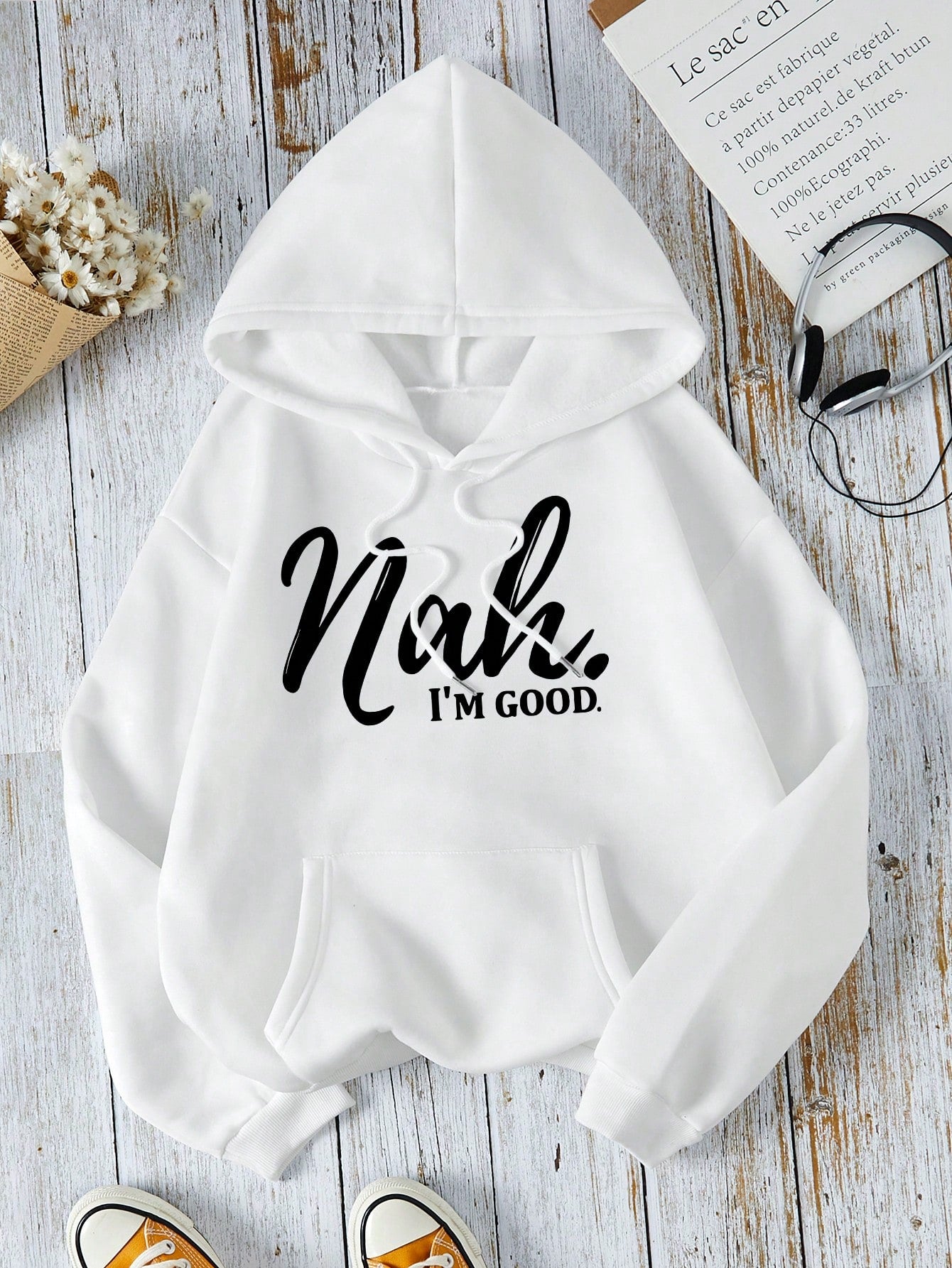 LUNE Letter Graphic Kangaroo Pocket Drawstring Thermal Hoodie