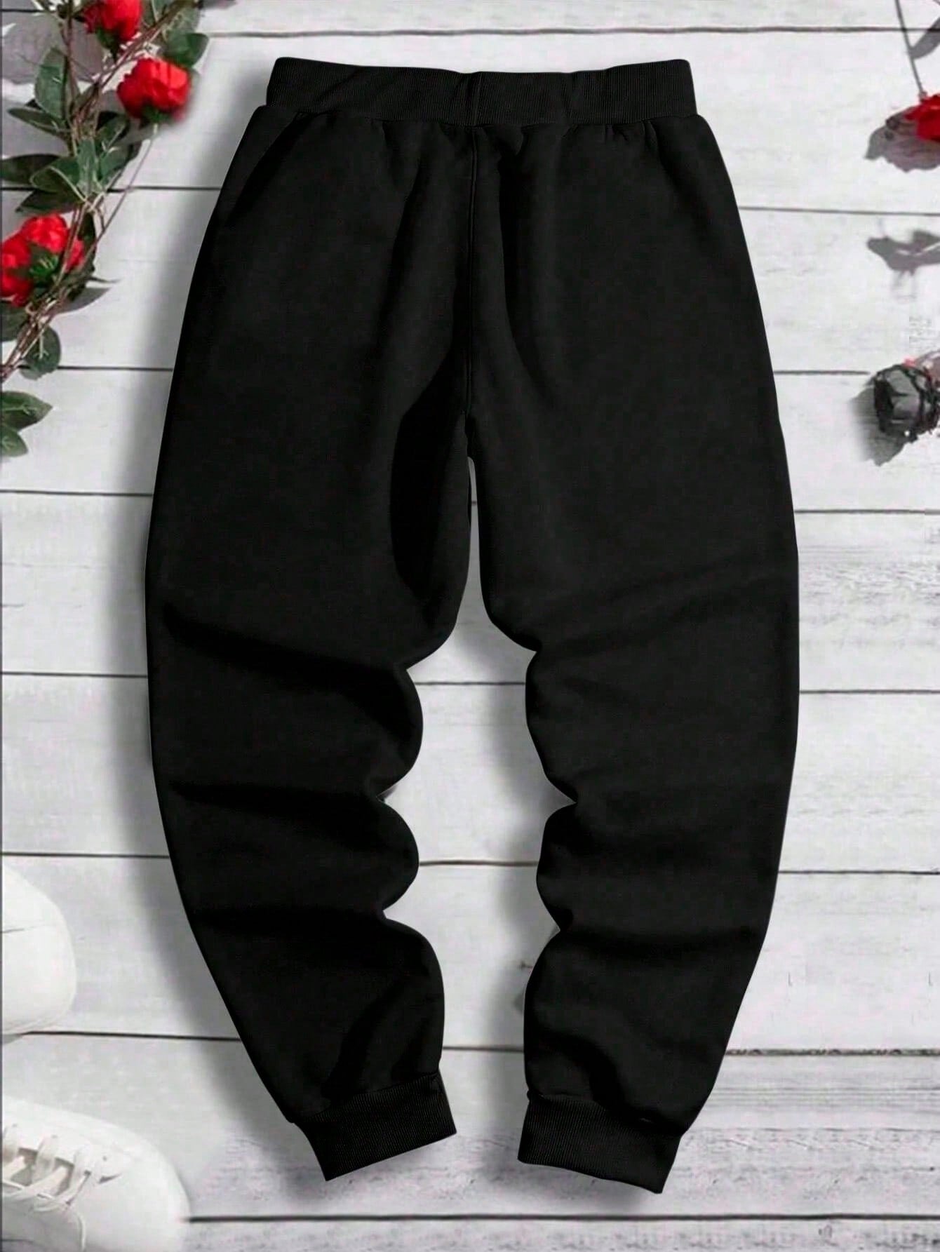 Manfinity Homme Men Plus Letter Graphic Drawstring Waist Sweatpants Going Out Jogging Pants Plain Black Sweatpants, For Husband, Boyfriend Gifts