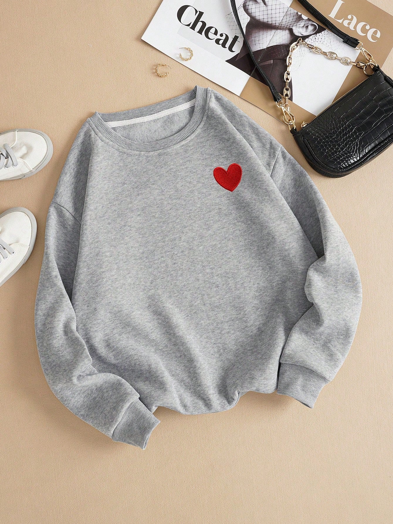 EZwear Heart Print Thermal Lined Sweatshirt,Long Sleeve Tops