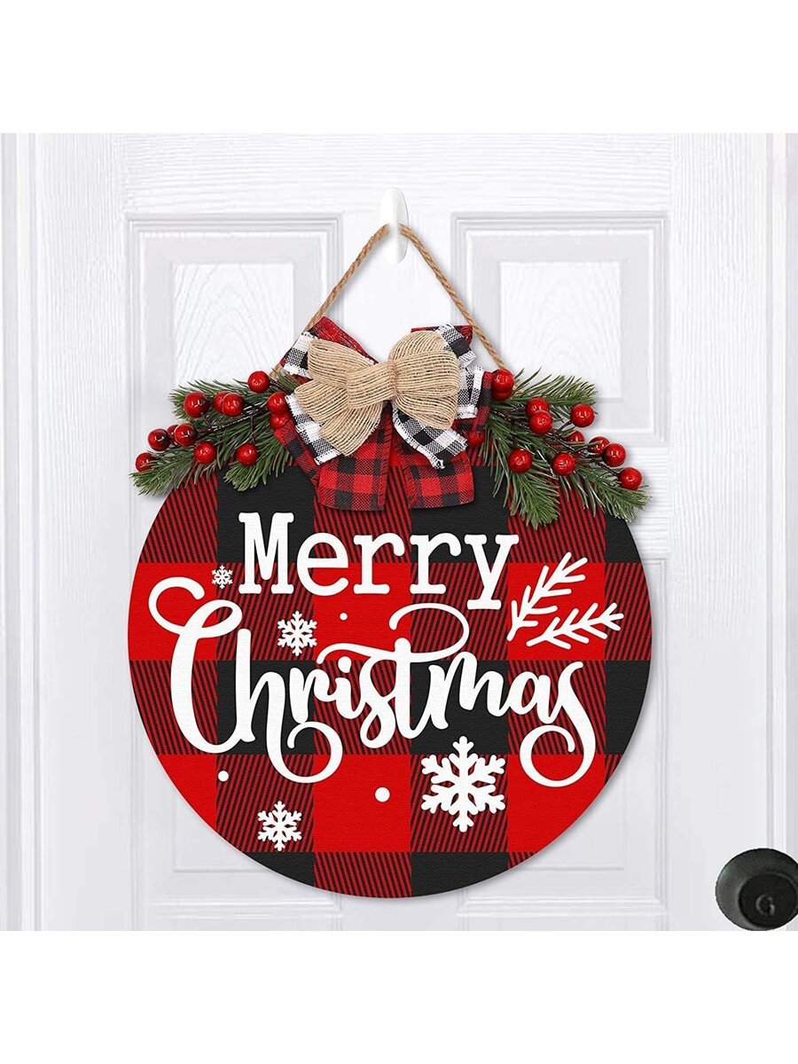 Christmas Wreath - Buffalo Plaid Xmas Decorations - Winter Wreaths Merry Christmas Sign For Holiday Rustic Farmhouse Front Door Porch Wall Window Outside Decorations