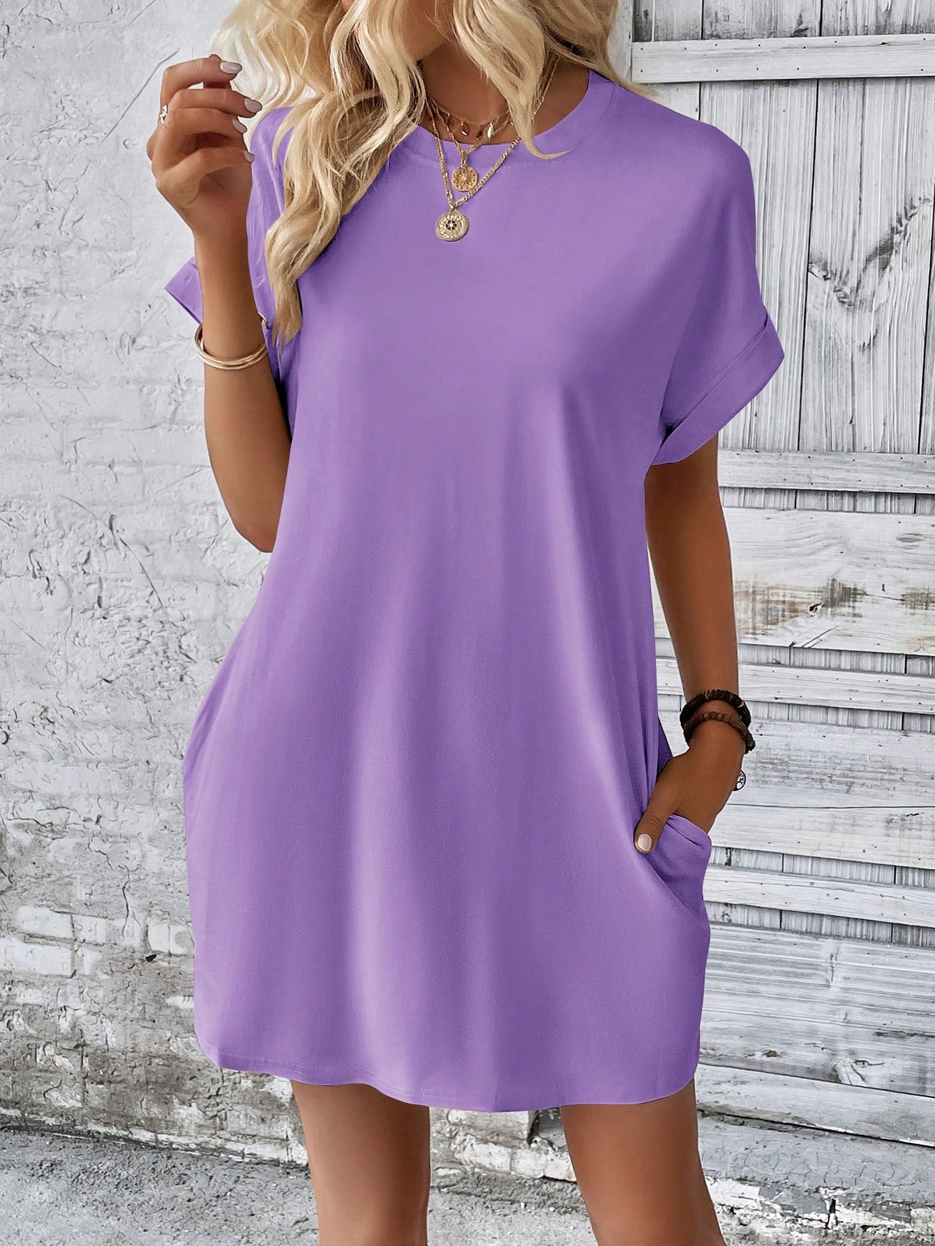 LUNE Solid Hidden Pocket Batwing Sleeve Tee Dress