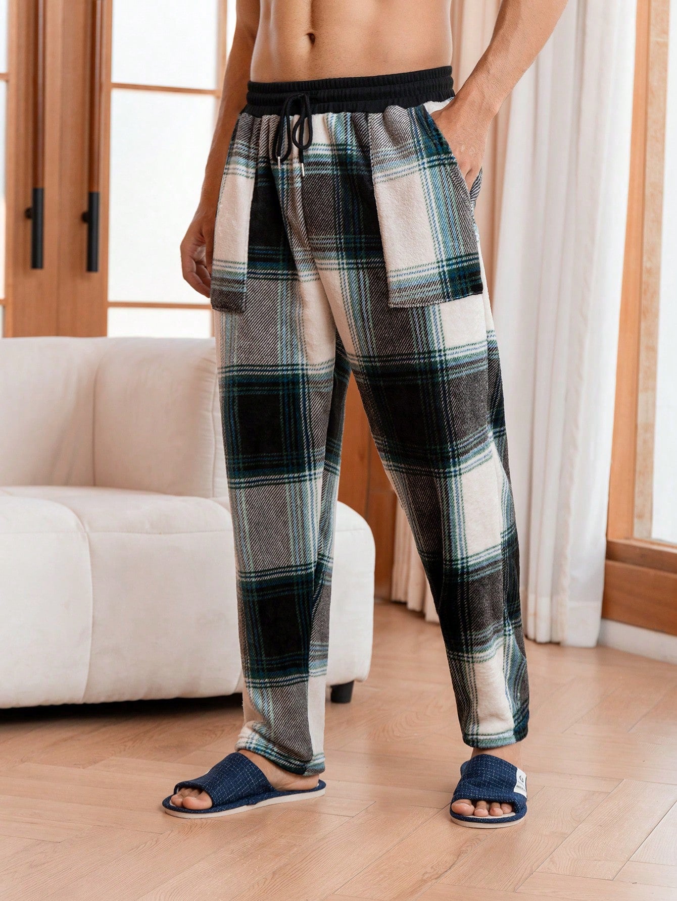 Men Plaid Print Drawstring Waist Sleep Pants