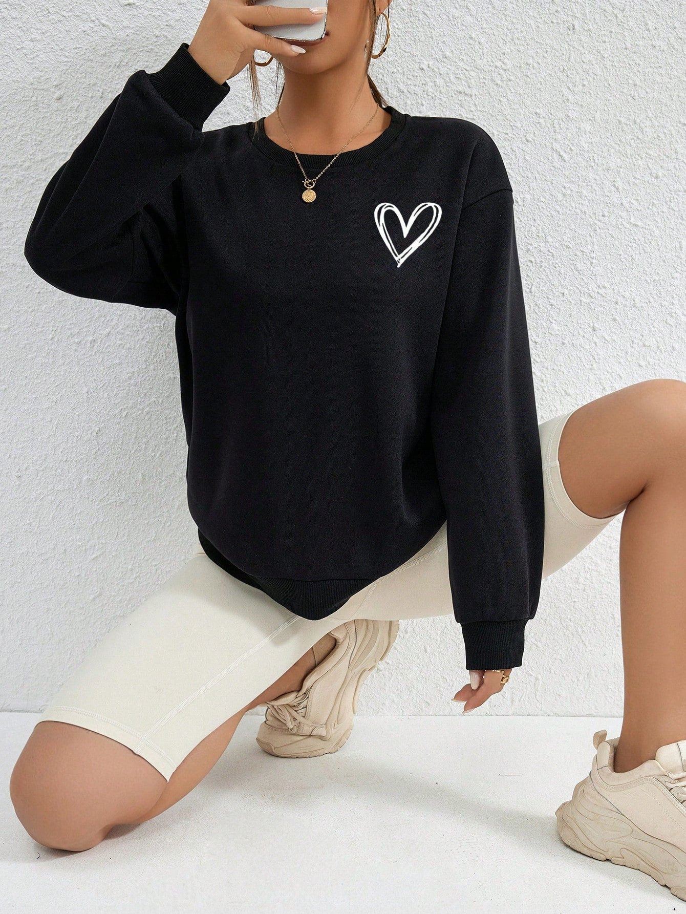 INAWLY Heart Print Drop Shoulder Sweatshirt,Long Sleeve Tops