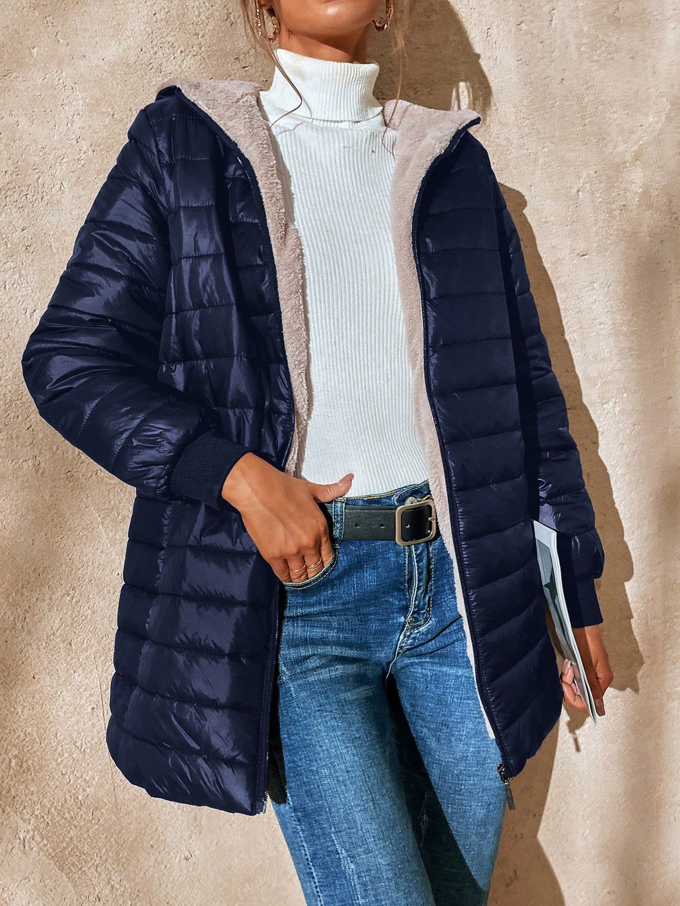 Aveloria Modichic Casual Versatile Solid Color Fleece Hooded Padded Padded Coat, Winter Clothes