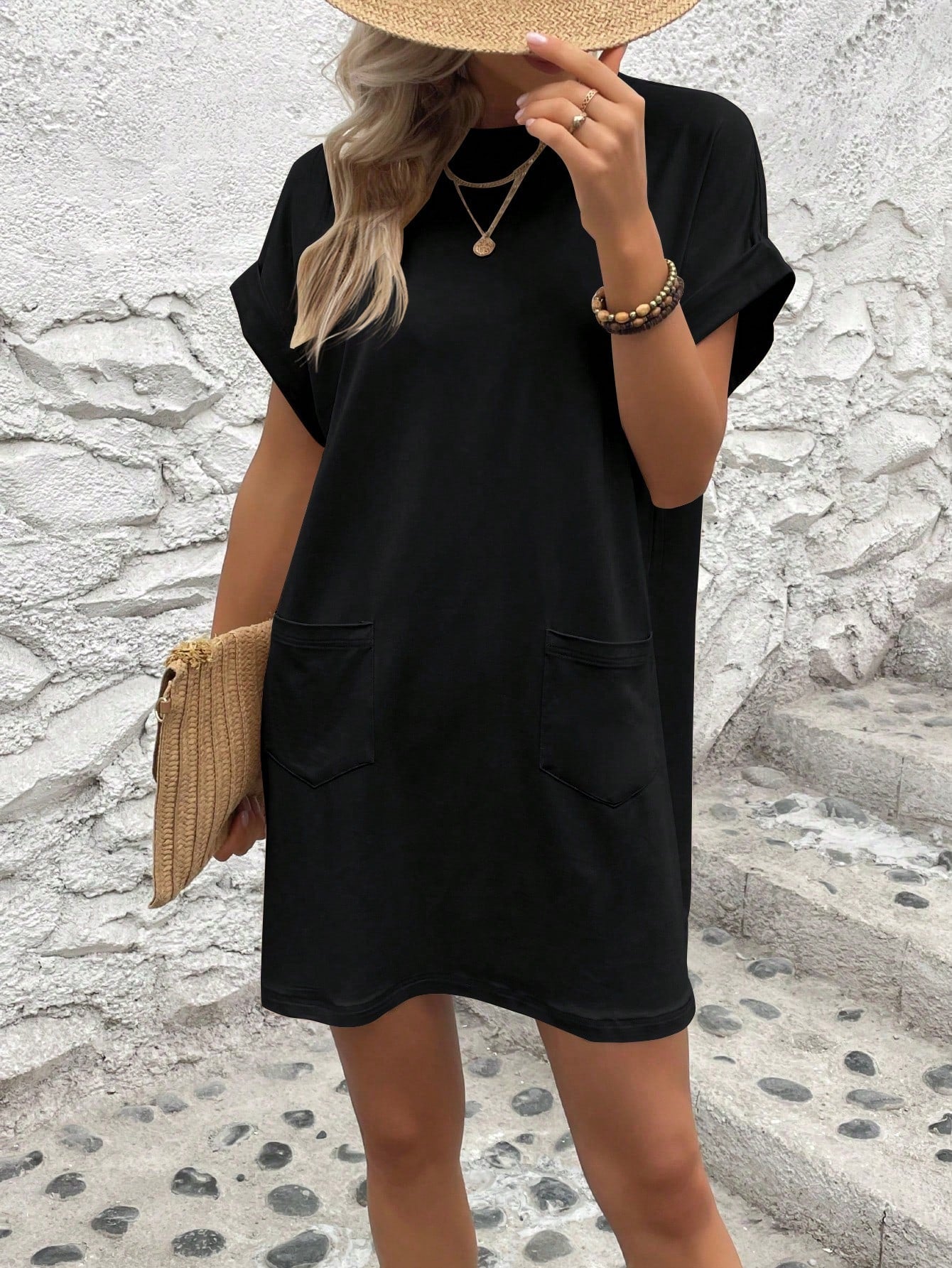 LUNE Solid Hidden Pocket Batwing Sleeve Tee Dress