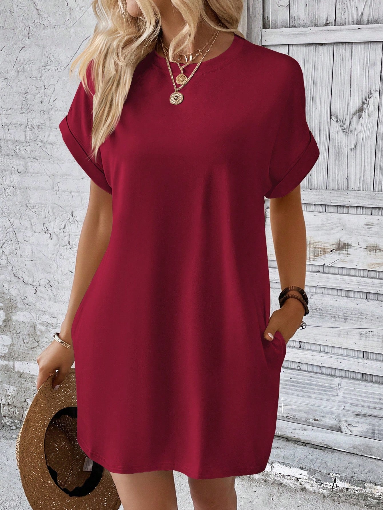 LUNE Solid Hidden Pocket Batwing Sleeve Tee Dress